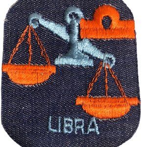 Vintage Rumper Stitcher Libra Embroidered Sew Iron On Patch Astrology Denim Blue